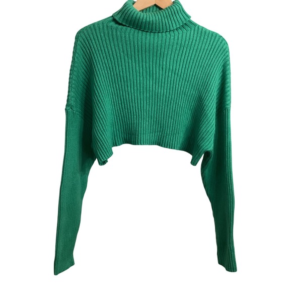 Mimosa Green Ribbed Turtleneck Cropped Sweater Size S - Picture 2 of 7